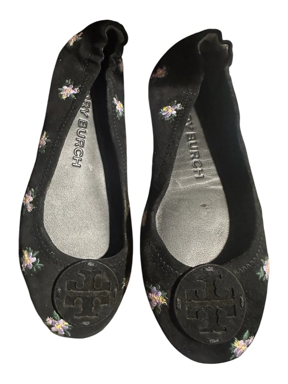 Tory Burch Minnie Travel Ballet Flats — Black Suede, Floral Size 6.5, UNWORN